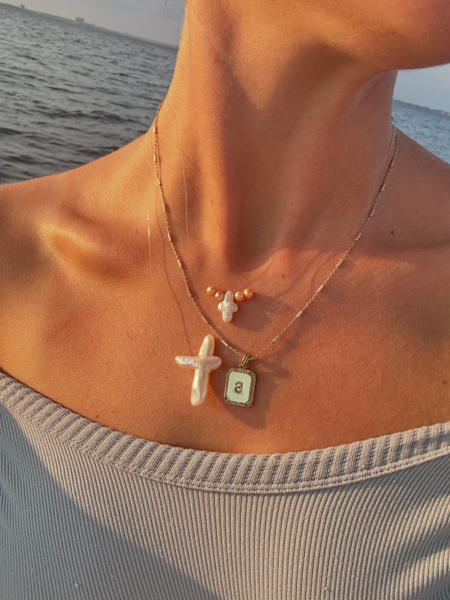 White Cross Floating Pearl Necklace