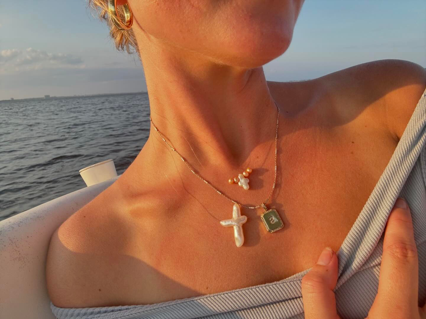 White Cross Floating Pearl Necklace